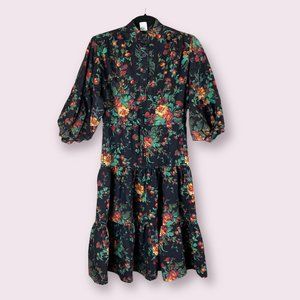 Vintage 1960s Black Floral Tiered Dress - S